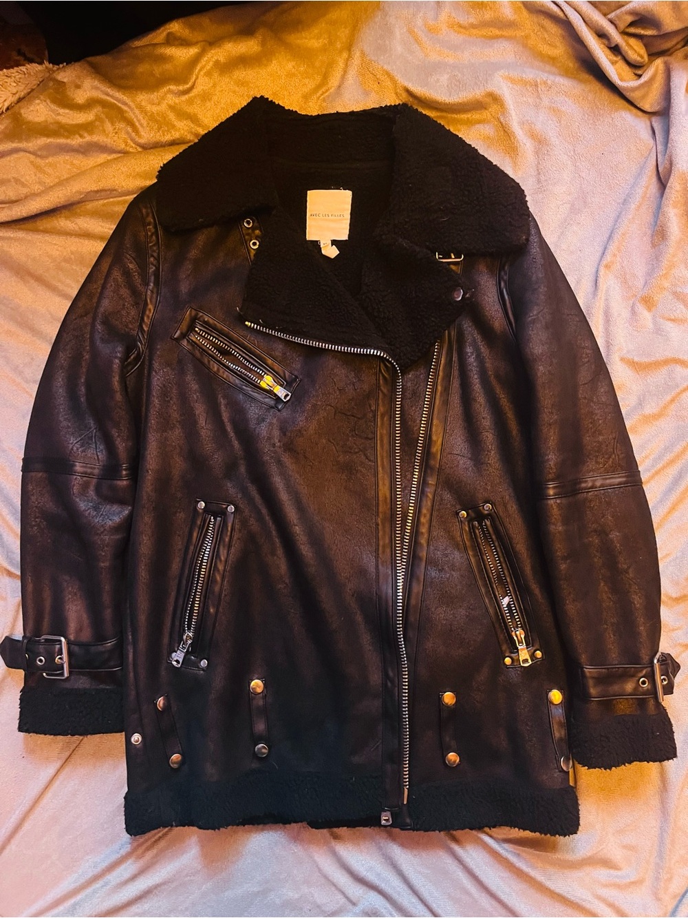 Avec Les Filles Black Shearling-Trim Leather Biker Jacket
